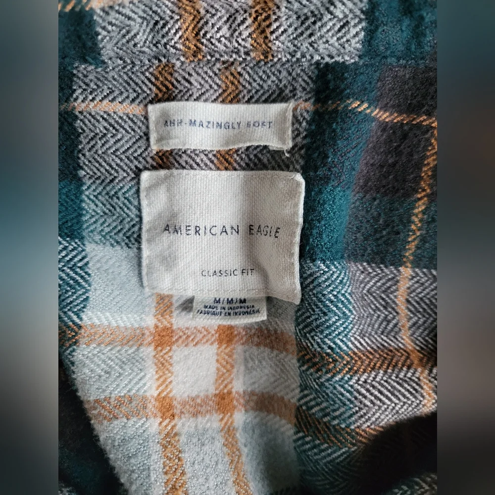 American Eagle Green Plaid Flannel Classic Fit Heavyweight Shirt Mens Size M - Picture 4 of 7